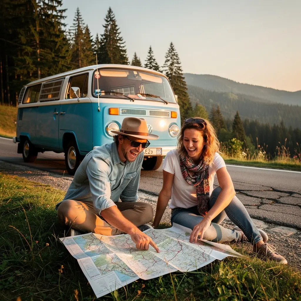 Skupina přátel zastavuje u malebného jezera během cesty po České republice.